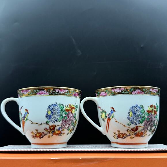 Vintage Rose Canton Famille Rose Zhongguo Zhi Zao Chinese Porcelain Teacups - Picture 3 of 15